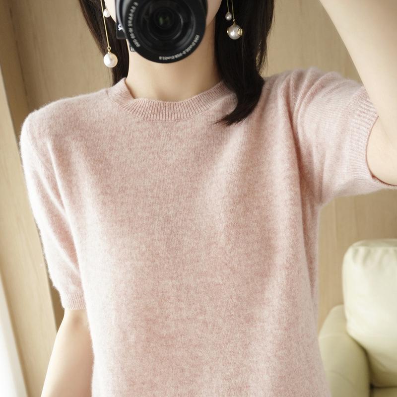 Women's Wool Blend Half High Neck Short Sleeve Loose Base Sweater Top