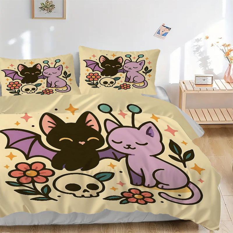 3pcs Bat and Cat Cute Cartoon Design Bedding Set - 1 Soft Quilt Cover + 2 Pillowcases, Machine Washable - Suitable for All Seasons, Perfect Gift