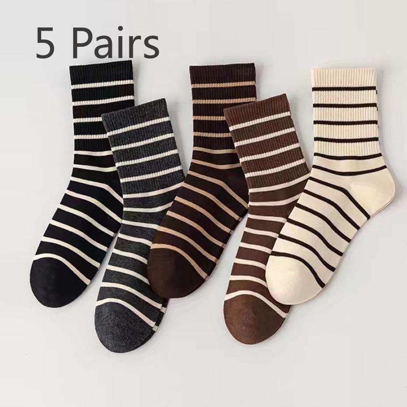 

5 пар женских весенне-осенних однотонных полосатых студенческих спортивных хлопковых носков-гольф 5 Pairs