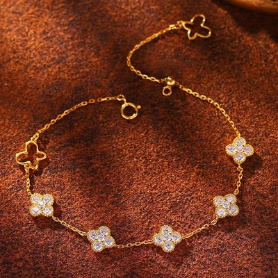 18K Gold-Plated 925 Sterling Silver Butterfly & Four-Leaf Clover Bracelet with Zircon and Flower Design for Women