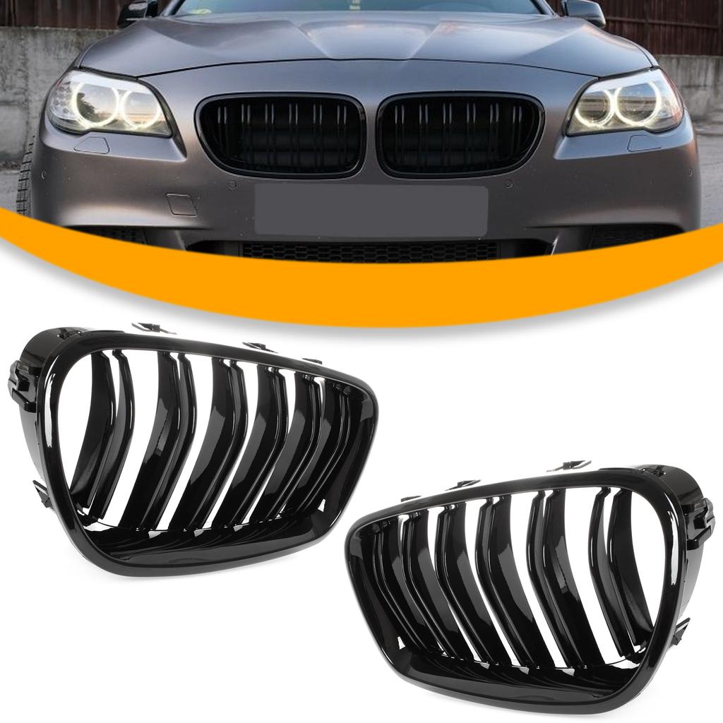 BMW 5 F10 / F11 10-17 Grille Inserts Between Headlights (Kidneys) Left + Right Set, Black Glossy Double Bar