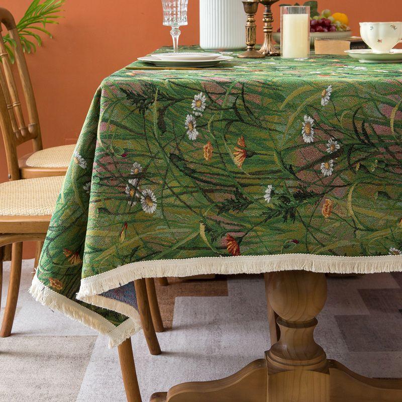 

Retro Romantic Dining Tablecloth Fabric Living Room Coffee Table Cloth Accessible Luxury Jacquard Pastoral Atmosphere Green Decorative Cover Cloth Green Field-Small Daisy-Tablecloth 100*160cm