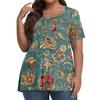 Women's Fashion Casual V-Neck Pullover Short Sleeve Large Size Vintage Printed Top
