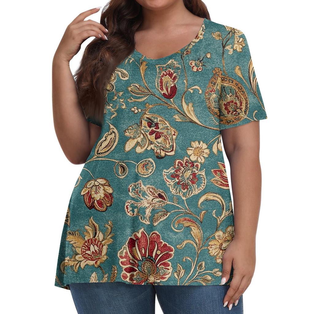 Women's Fashion Casual V-Neck Pullover Short Sleeve Large Size Vintage Printed Top