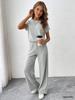 Conjunto Casual Feminino Europeu e Americano de Top de Malha Canelada de Manga Curta e Calça Longa