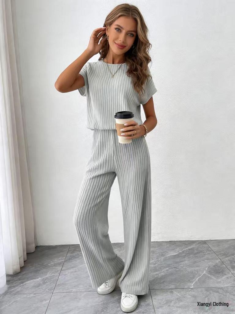 Conjunto Casual Feminino Europeu e Americano de Top de Malha Canelada de Manga Curta e Calça Longa