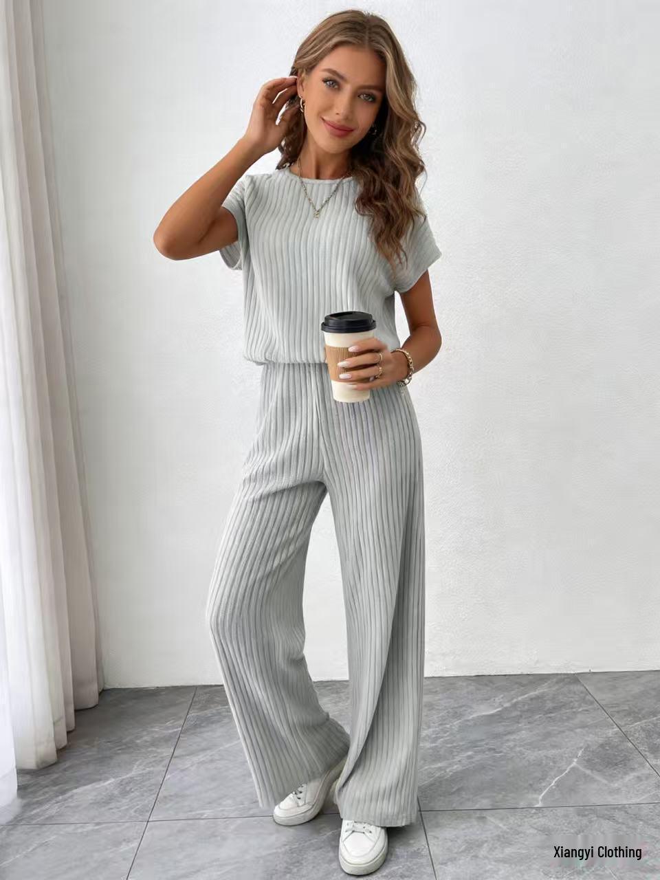 

European and American Women s Ribbed Knit Short Sleeve Top and Long Pants Casual Set L светло-серый