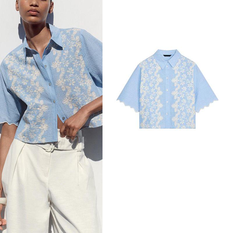 Summer New Product Women's Clothes Contrast Color Embroider Fashion Minimalist Short Sleeve Lapel Short Shirt Tops 3564074