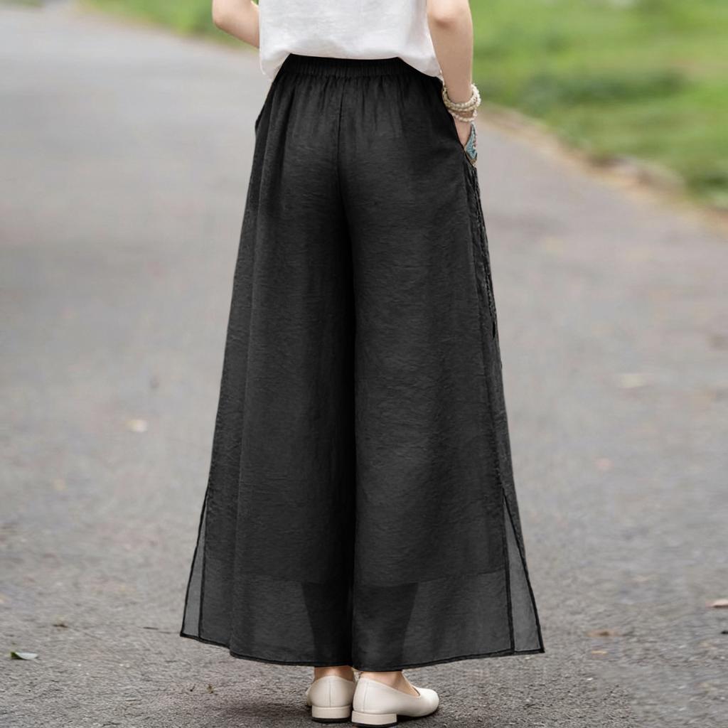 Damen Mode Doppellagige Weite Hosen Exquisite Bestickte Baumwolle Leinen Lässige Hosen