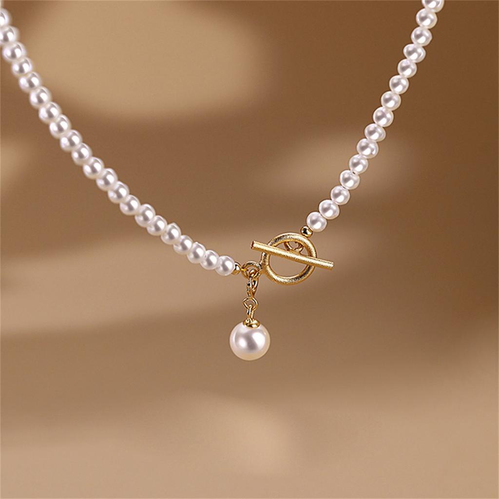 Pearl Necklace with OT Clasp Single Strand Faux Pearl Beaded Chain Adjustable Length Fashion Jewelry Accessory for Women