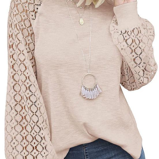 2025 Women's Lace-Trimmed Round Neck Long-Sleeve Loose Top