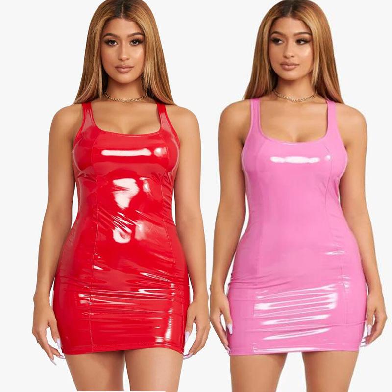 1Pc Nightclub Party Style Summer Women's Colorful PU Sexy Sleeveless Popular Bodycon Skirt Leather Dress