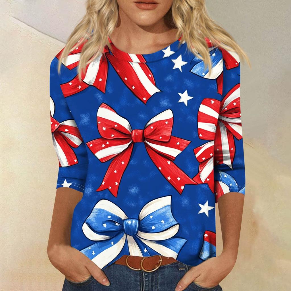 Dames Mode Casual Zeven Mouwen Onafhankelijkheidsdag Bedrukt Rond Hals T-shirt Top