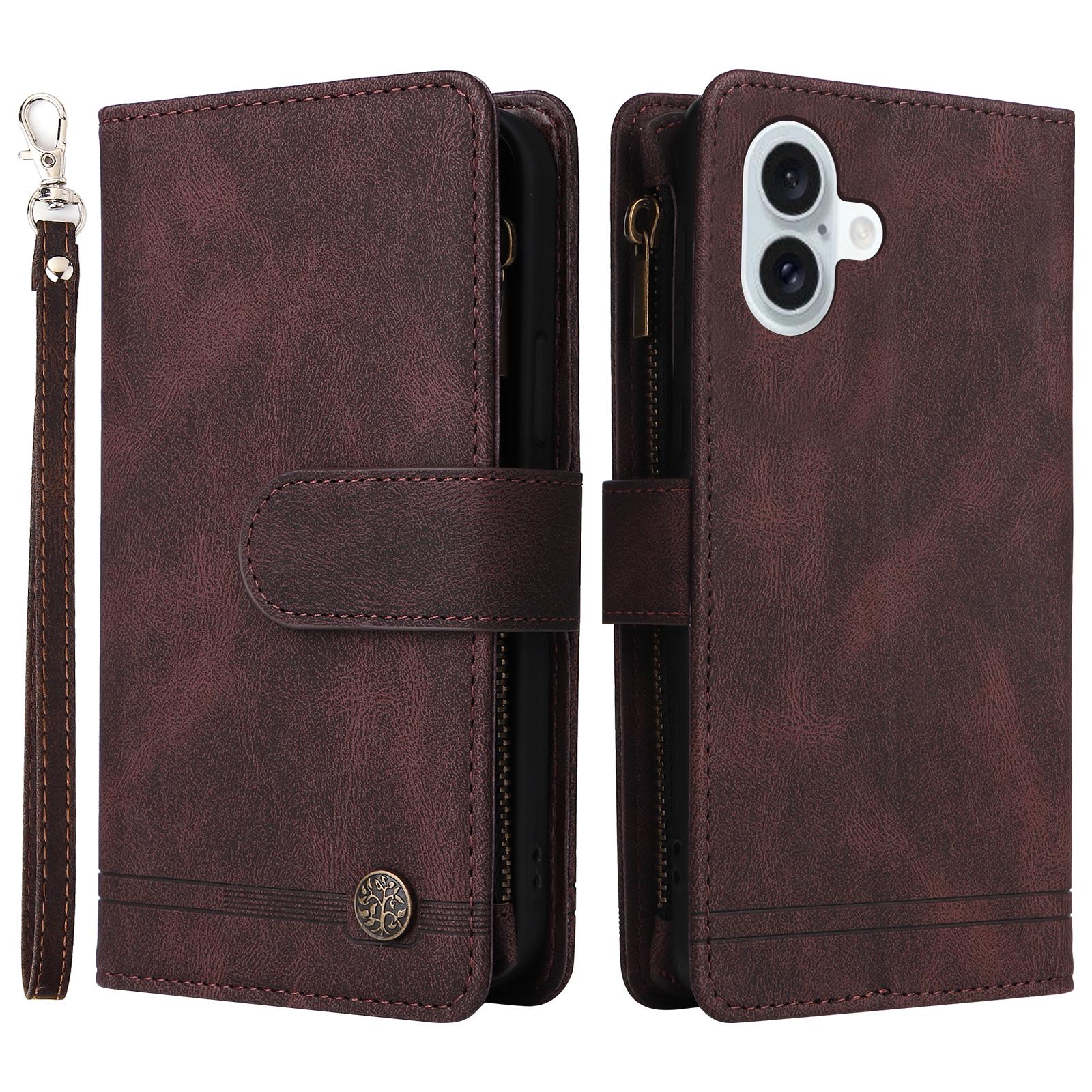 

For iPhone 16 Plus Case Zipper Pocket Leather Flip Phone Cover with Hand Strap Brown