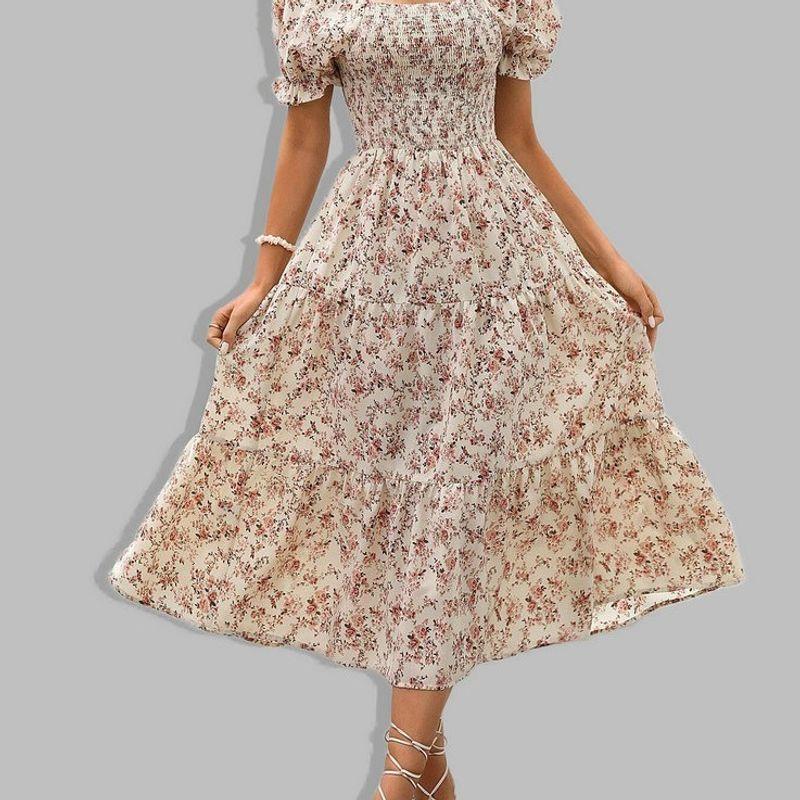

Fashion New Fashion Women s Clothing Mature Elegance Silm Easiest for Match Minimalist Square Collar Backless High Waist Floral Dress Broken flowers XL