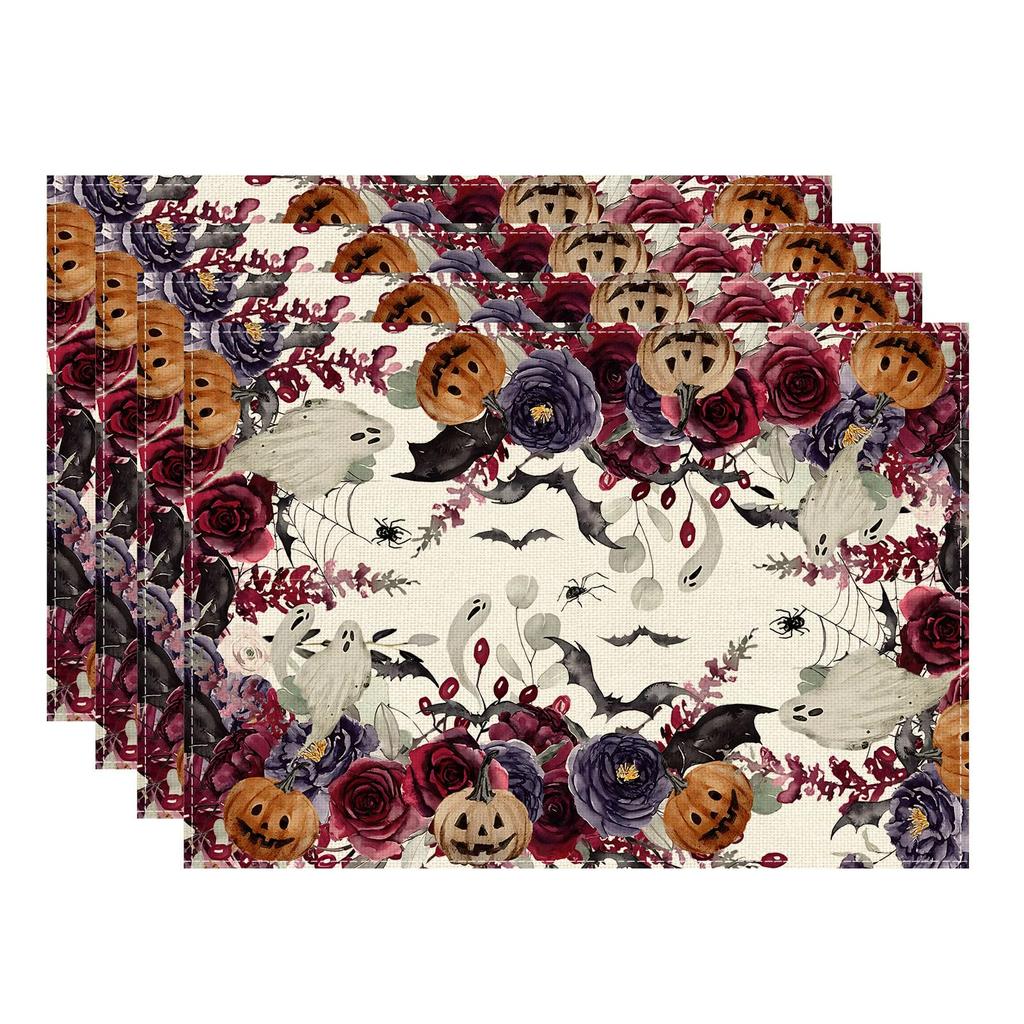 Spooky Pumpkin Floral Halloween Placemat, Heat-Proof & Anti-Scald, Festive Dining Atmosphere Placemat