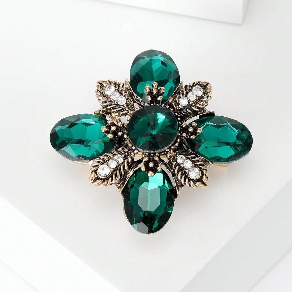 Retro Cross-border European and American Texture Sparkling Diamond Crystal Glass Brooches, Chest Flower, Personalized Women's Coat Brooch