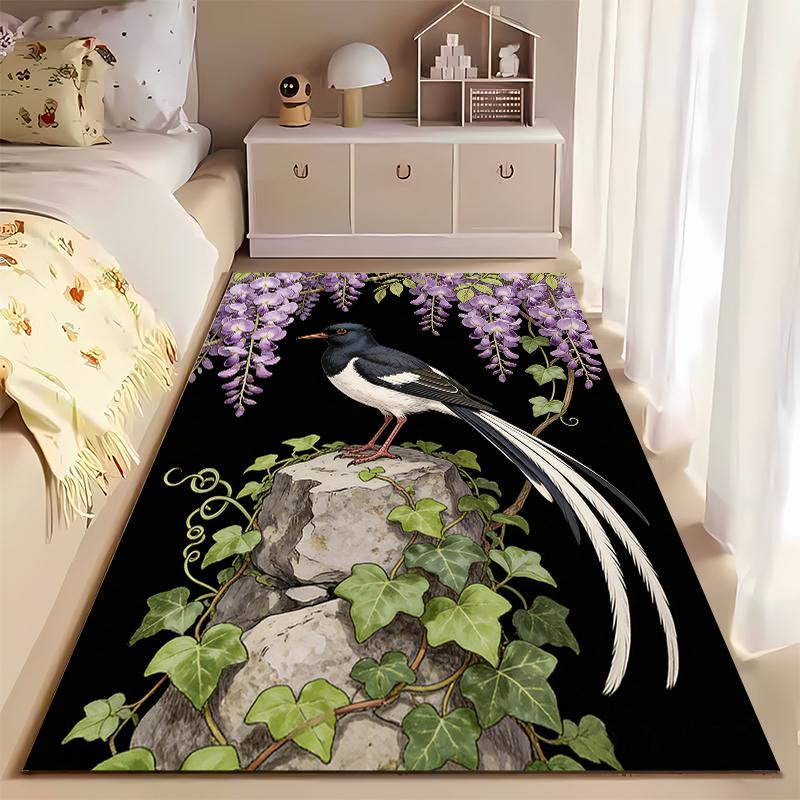 Bird and Floral Printed Carpet, Black Background, Home Decor Suitable for Use As an Anti-slip for Living Room Bedroom Sofas