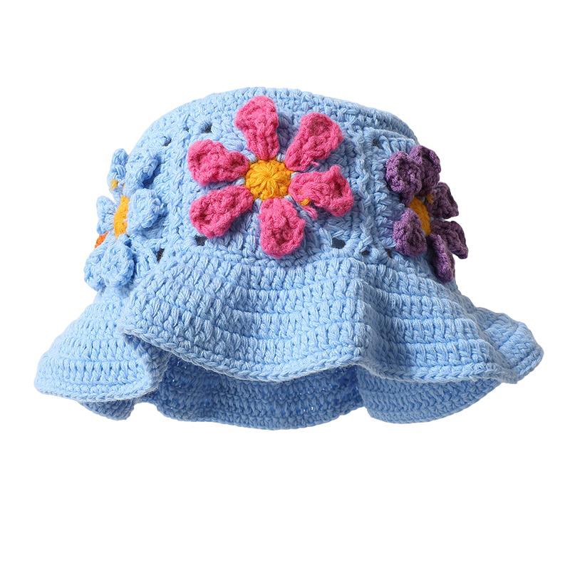 Women Plush Hat Bowler Hat Knitted Hat Breathable Handmade Crochet Vibrant Floral Pattern Cute Hollow Ruffles Colorful 56-58cm