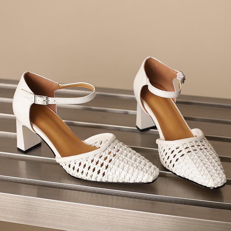 RLN French Woven Hollow Bag Head Sandals  Summer Thick Heel T-strap Roman Shoes