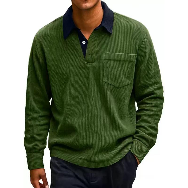 Men S Vintage Color Block Corduroy Long Sleeve Buttoned Collar Loose Fit Sweatshirt S