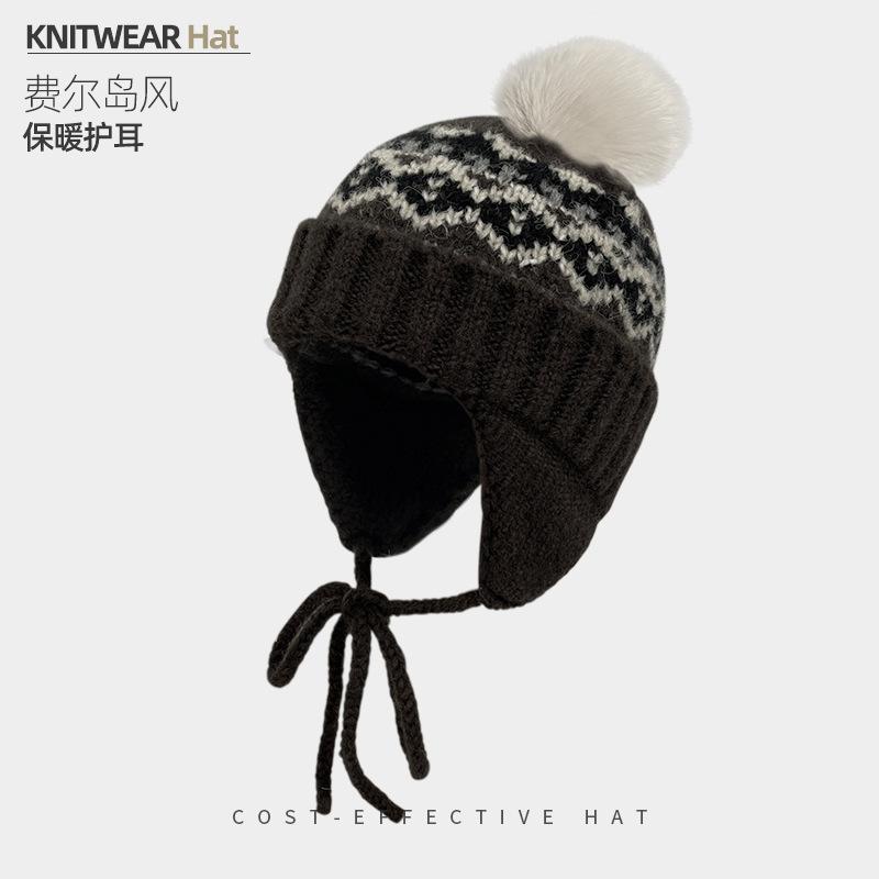 Vintage Fair Island Hat Women'S Windproof And Cold-Proof Wool Hat Warm Ear Protector Lei Feng Hat Show Face Small Knitted Hat