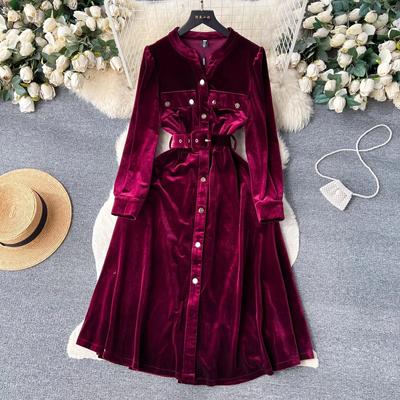 Autumn Winter Vintage Velvet Midi Dress Women's Long Sleeve V Neck Single Breasted Belt Pocket Office Party Dresses