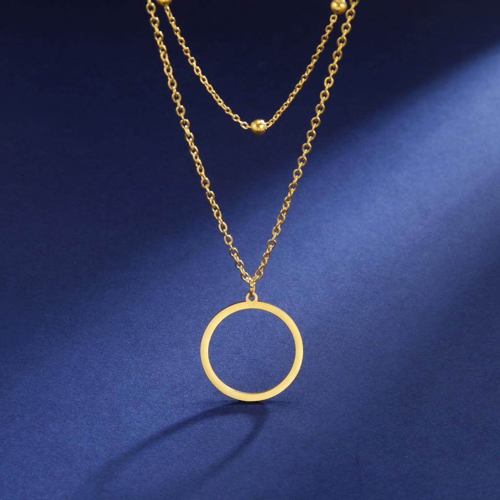 Double Bead Chain Hollowed Out Circular Pendant for Women's Necklace Gold Elegant Stainless Steel Pendant Jewelry Gift
