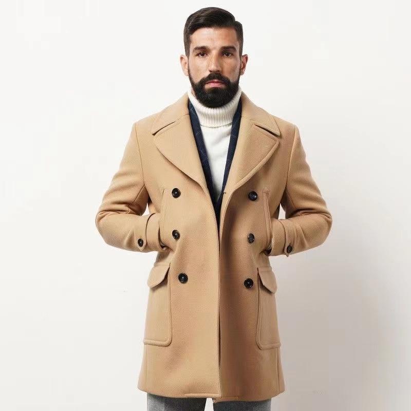 European and American Men's Mid-Length Wool Coat - British Style Fashionable Long-Sleeved High-Quality Design for 2025