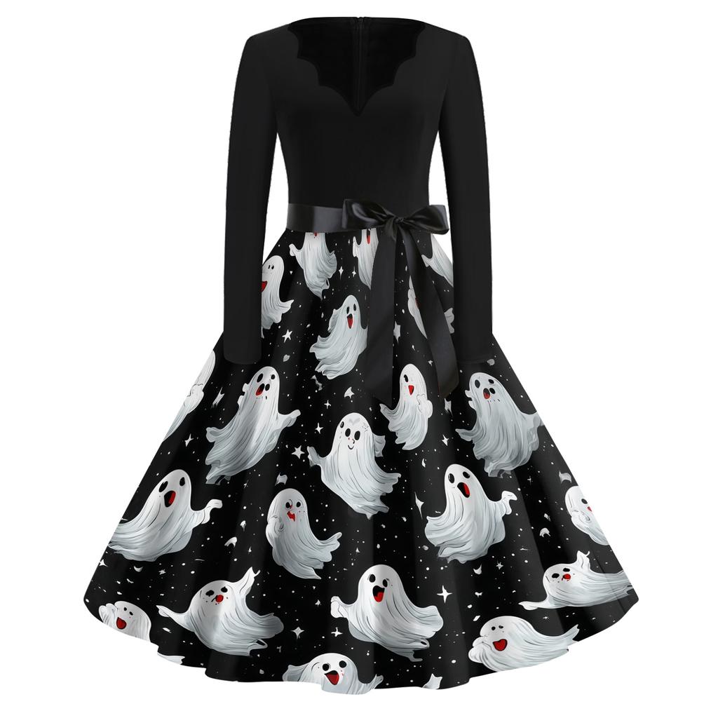 Women Casual Vintage V Neck Dress Long Sleeve Halloween Print Retro Style Midi Dress with Waist Tie Belt
