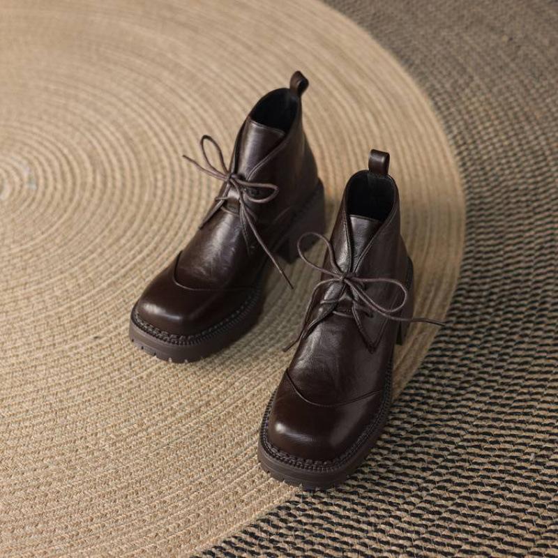 Korean Version of Comfortable High-heeled Large-size Women's Boots Square Head Solid Color Lace-up Square-heeled Medium Boots Autumn and Winter Women