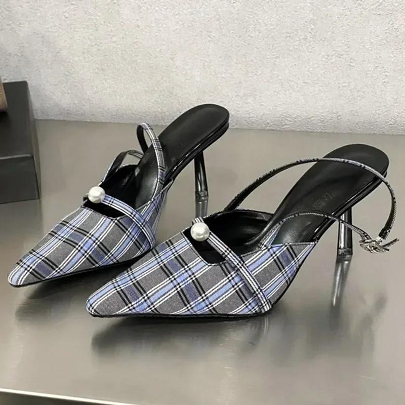 Fashion Retro Plaid Design High Heels Women Summer Elegant Slingbacks Heeled Sandals Sexy Pointed Toe Women Pumps Sandalias De Mujer