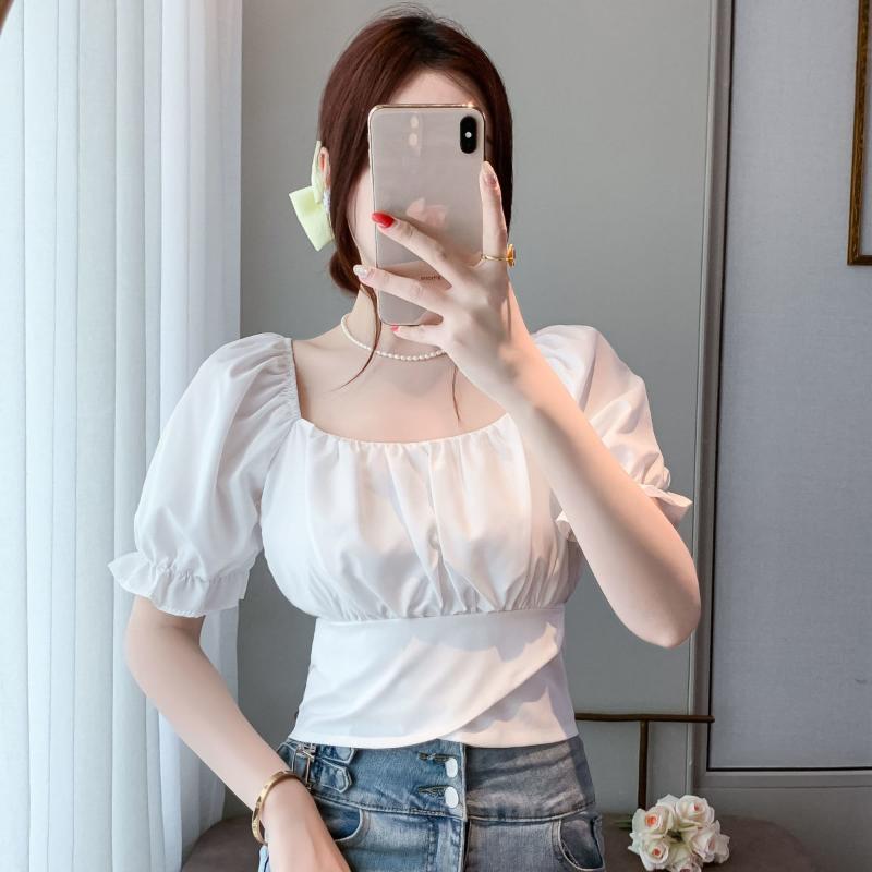 WTEMPO Brand Summer Women's Square Neck Short-sleeved Collar Exposed Collarbone Floral Shirt Design Niche Back Hollow Straps Short Tops
