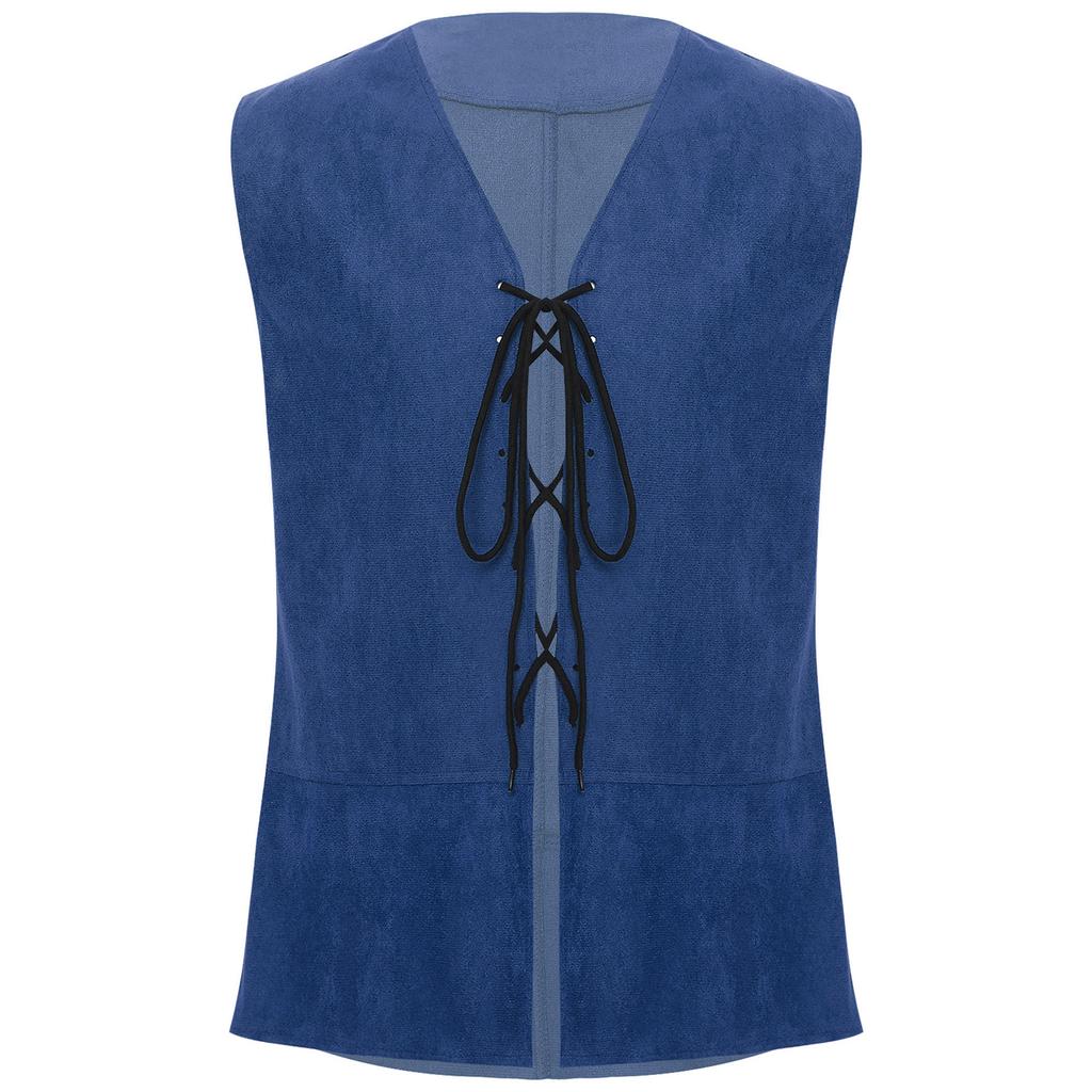 Mens Pirate Cowboy Vest Lace Up Front Solid Color Waistcoat Medieval Cosplay Halloween Costume