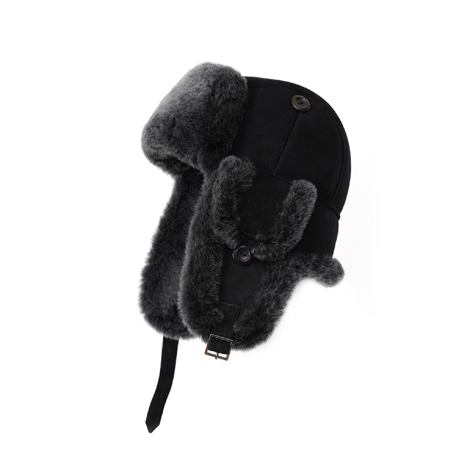 

Черная шапка пилота унисекс с кожаным мехом S