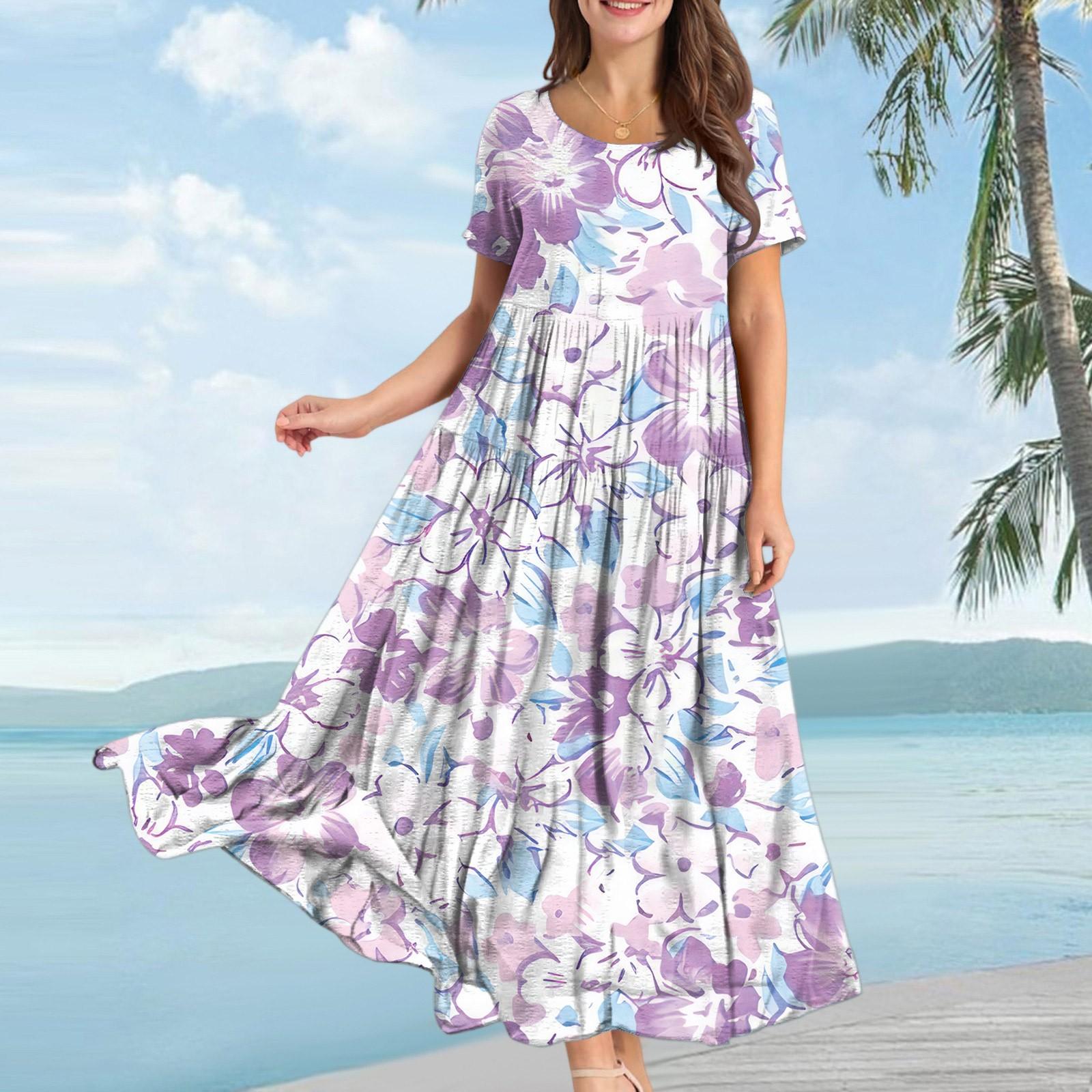 

Женское повседневное свободное богемное платье с цветочным принтом, длинное макси-платье с коротким рукавом, летнее пляжное платье-качели L фиолетовый