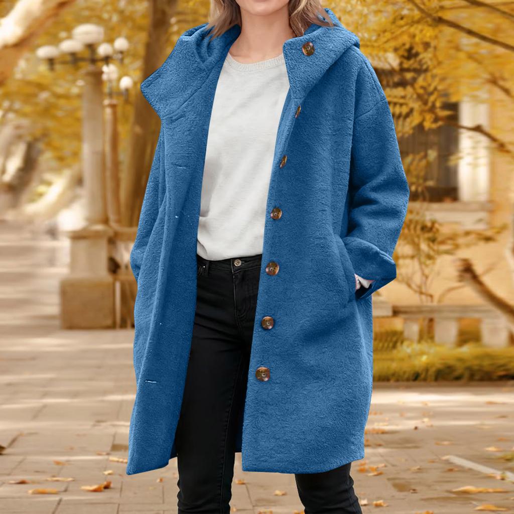 Einfarbige Damenjacke, lässig, lockere Passform, Knopfmäntel, geknöpfte Langarm-Oberbekleidung mit Tasche, Kapuzenmantel