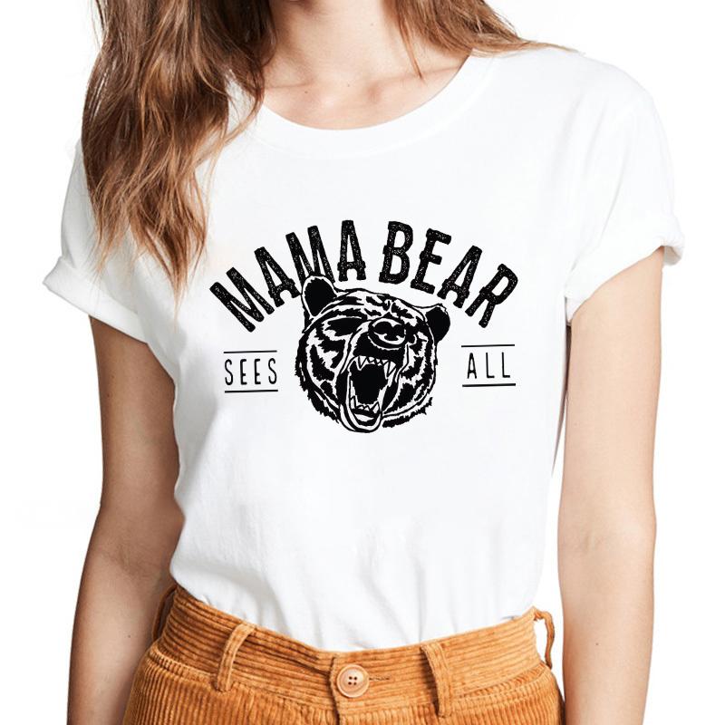 Lattice Mama Bear Letter Print T Shirt Women White Shirts Fashion O-Neck Short Sleeve T-Shirt Summer Tee Casual Top Female Tee