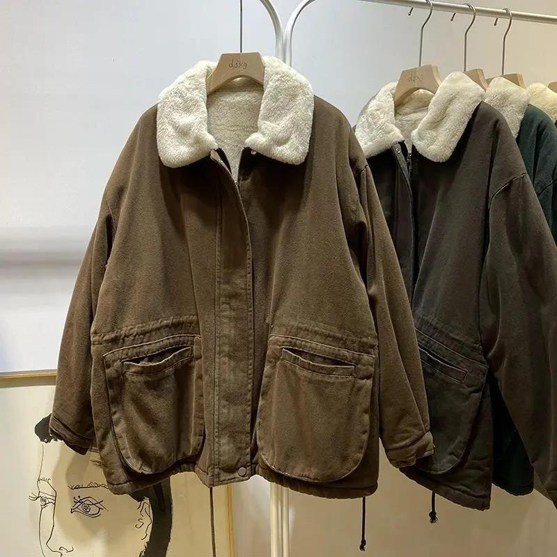 Płaszcze dla Kobiet Zimowa Kurtka Bawełniana Pogrubiona Aksamitny Kołnierz z Futra Talia Ściągana Luźny Casualowy Płaszcz Top