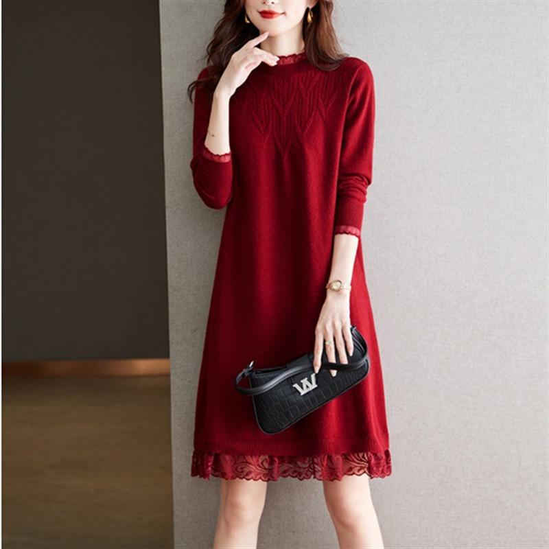 Bottom semi-turtleneck knitted dress women's autumn and winter new medium and long styles with coat inside and outside sweater skirt