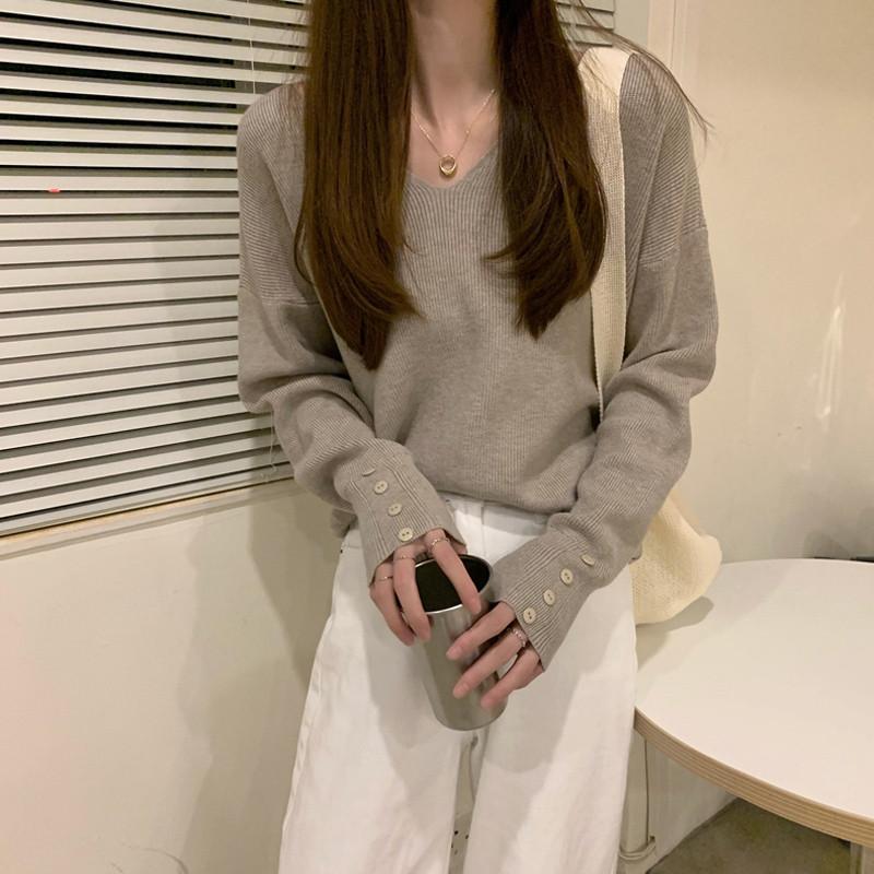 Svetr s výstřihem do V jednobarevný pro ženy s dlouhým rukávem s volnou pleteninou uvnitř pulovr ležérní tenký podzimní a zimní svetr