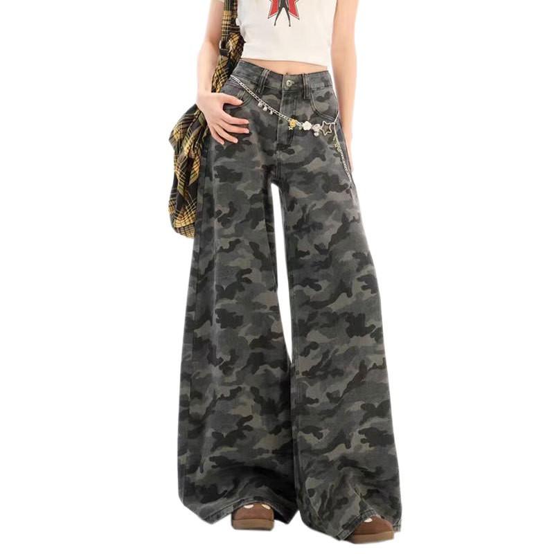 High-Waisted Wide Leg Camo Denim Pants Women Oversized Straight Fit Loose Trousers 2025