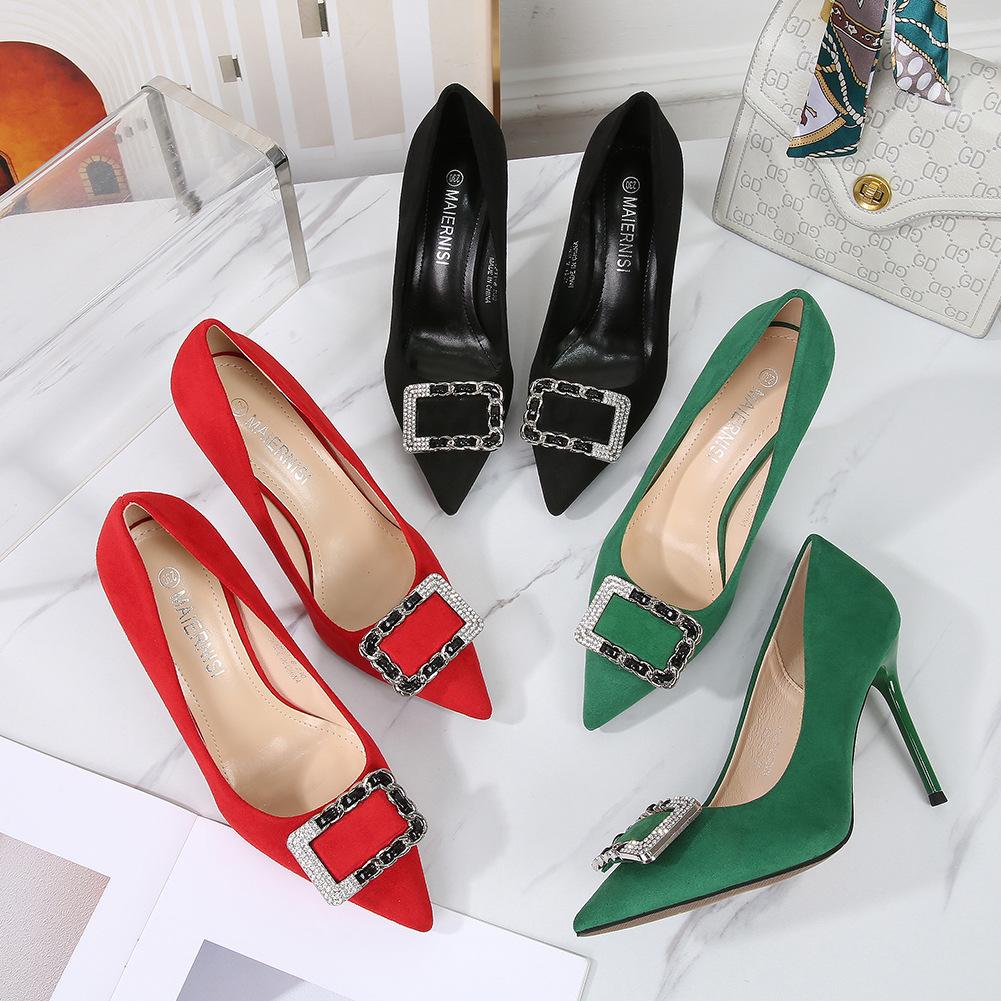 Pointed Thin Heel Size High Heels, Shallow Mouth Wear Rhinestone Metal Square Buckle Single Shoes