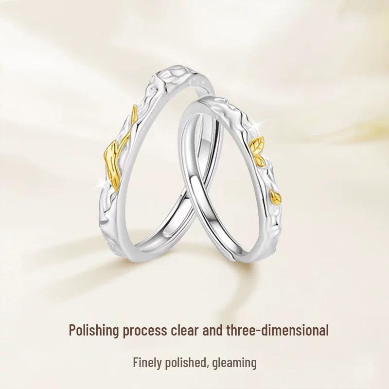 Árvores Murchas Encontram Casal de Anéis da Primavera: Bandas com Design de Folha Doce para Homens e Mulheres, Presente Perfeito para o Dia dos Namorados