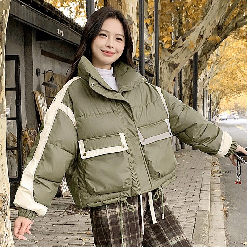 

Сочетающаяся по цвету, не требующая стирки, короткая куртка из ПУ с толстым утеплителем, с воротником-стойкой, в повседневном стиле XL зелёный