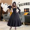 Dámské gotické šaty čarodějnice s kapucí, vintage středověké viktoriánské šaty, halloweenská renesanční cosplay róba na maškarní večírky, hraní rolí