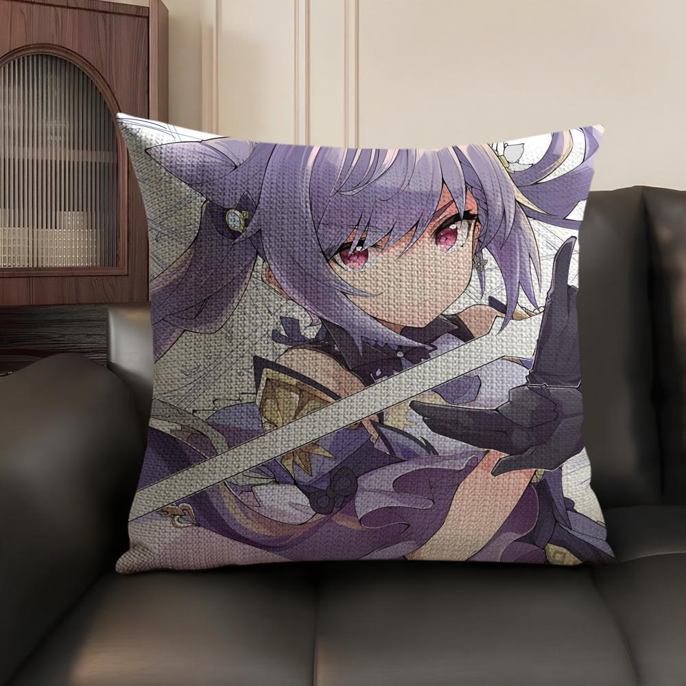 Keqing Genshin Impact Cushion Cover Natural Linen Organic Fabric Double-Sided Printing Sofa Home Decor Gift Pillow Case