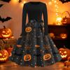 Women Crew Neck Long Sleeve Casual Fit and Flare Halloween Print Dress with Belt for Autumn Holiday Party Outfits