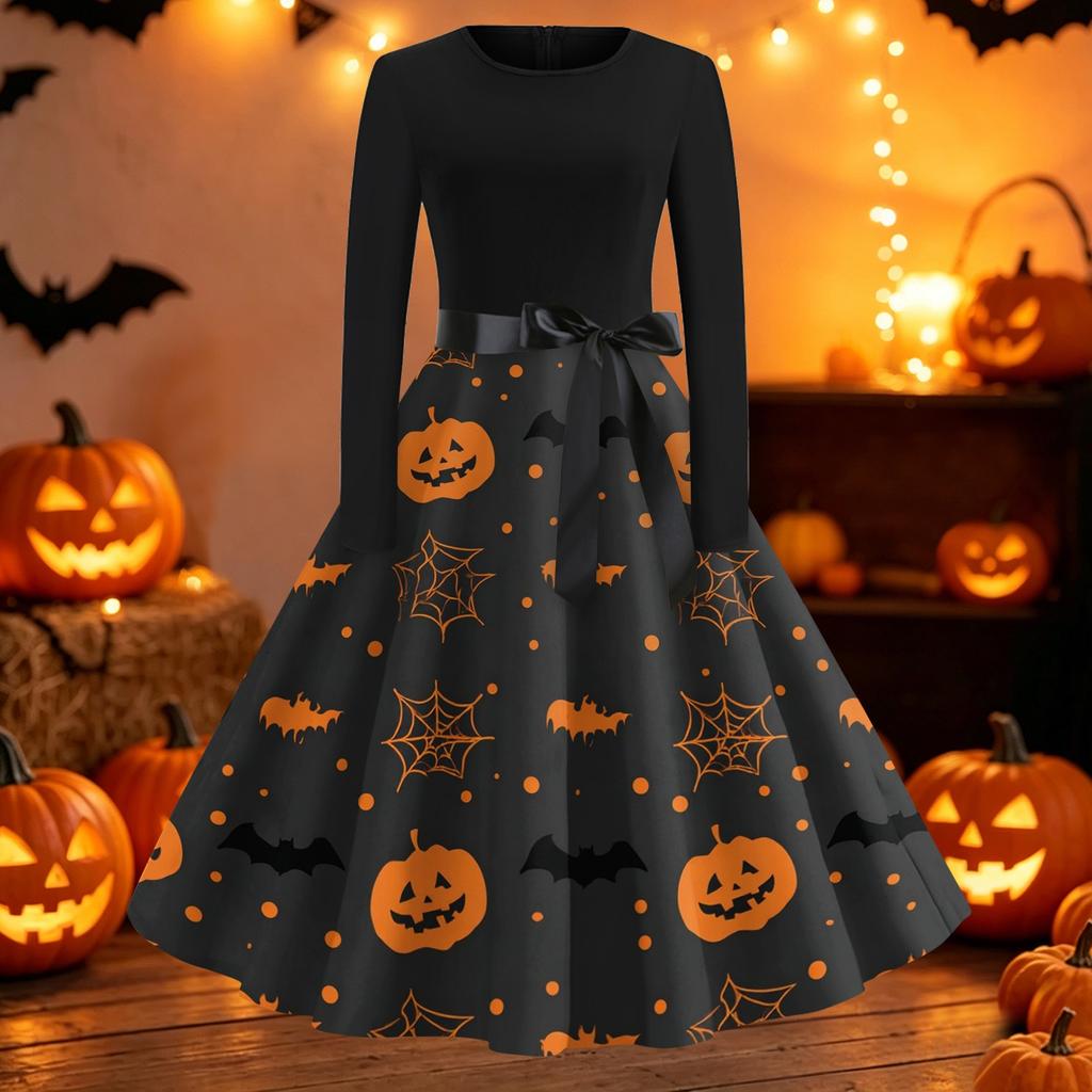 Women Crew Neck Long Sleeve Casual Fit and Flare Halloween Print Dress with Belt for Autumn Holiday Party Outfits