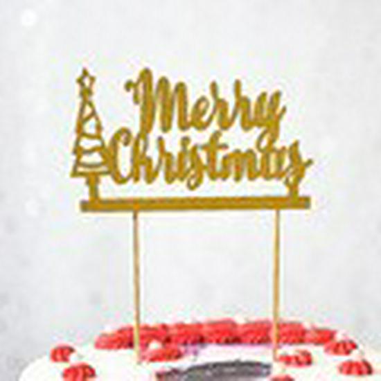 Gold & Green Glitter Merry Christmas Tree Cake Topper Decoration